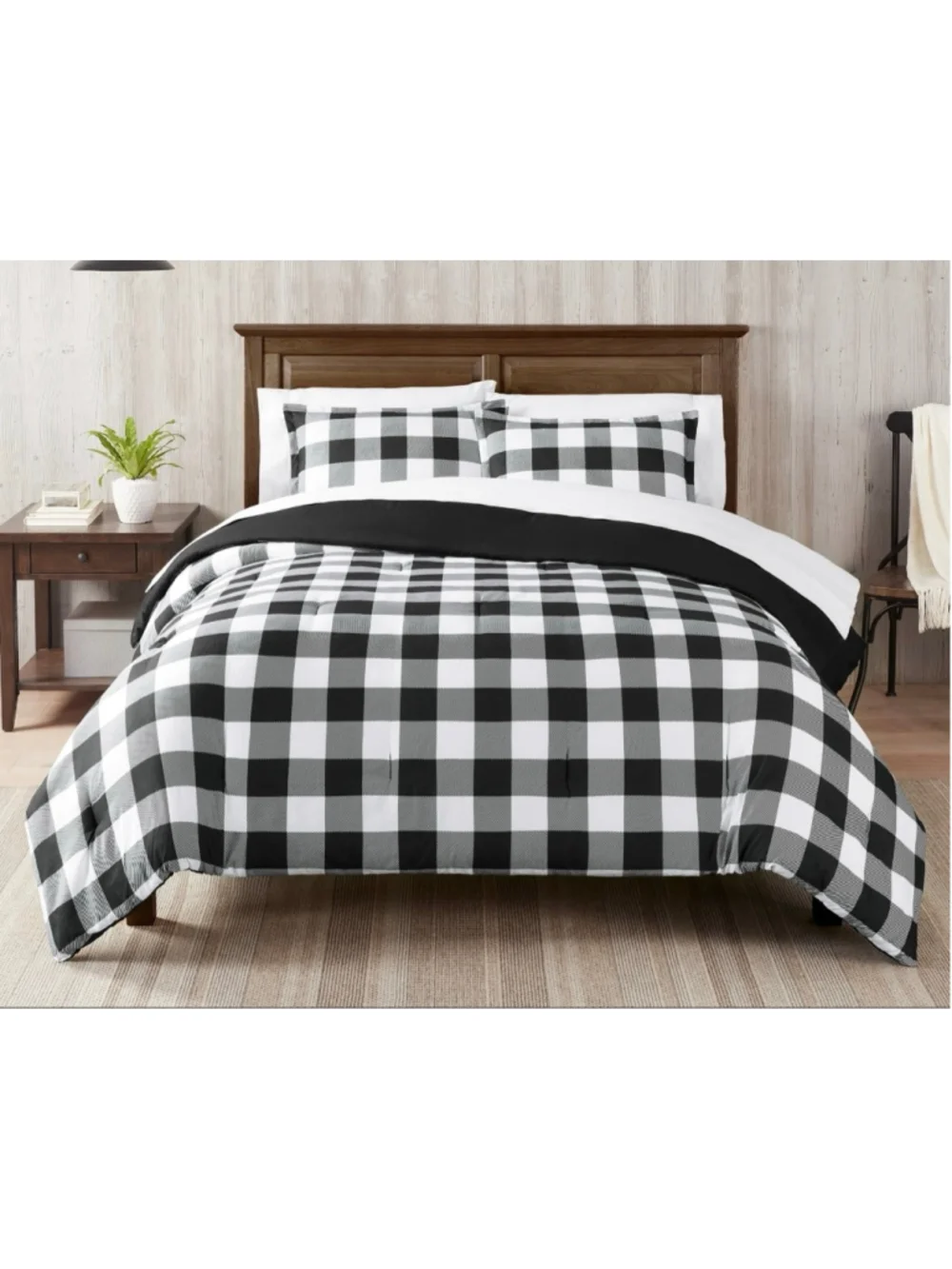 NEW Serta King Black White Buffalo Plaid 7 Piece Printed Bedding Set